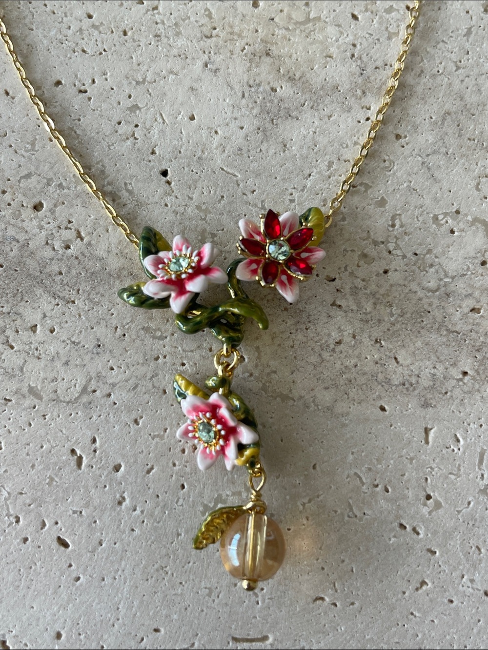Gold-Tone Floral Pendant Necklace with Pink & Red Enamel Flowers